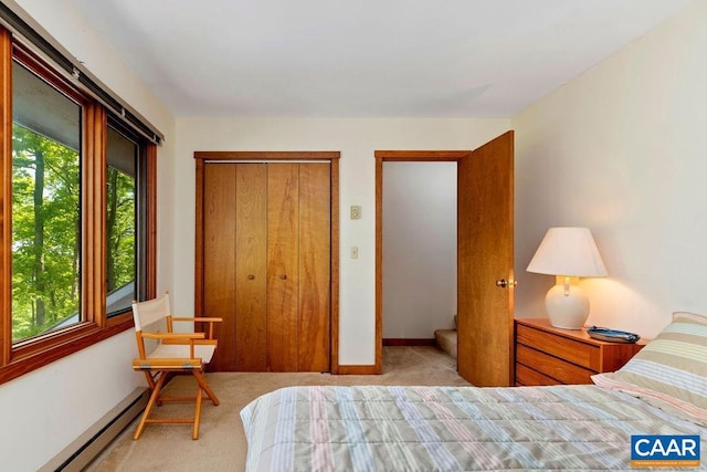 98 Pedlars Pt, Roseland, VA 22967 - bedroom with baseboard heating, a closet, and carpet