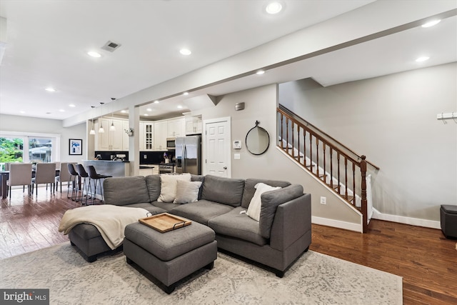 422 Hamilton St NW, Washington, DC 20011 - living room featuring stairway, wood finished floors, recessed lighting, and baseboards