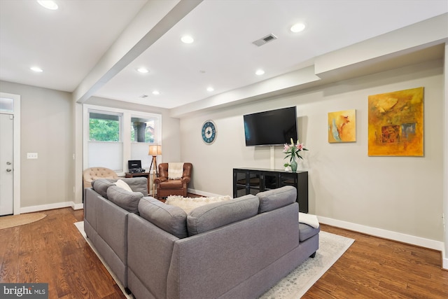 422 Hamilton St NW, Washington, DC 20011 - living room featuring baseboards, recessed lighting, and dark wood-type flooring