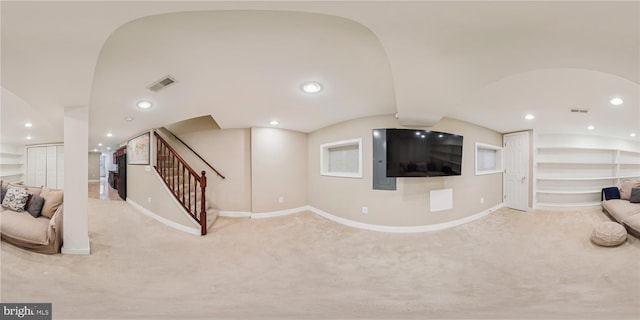422 Hamilton St NW, Washington, DC 20011 - unfurnished living room with stairs, light colored carpet, recessed lighting, and baseboards