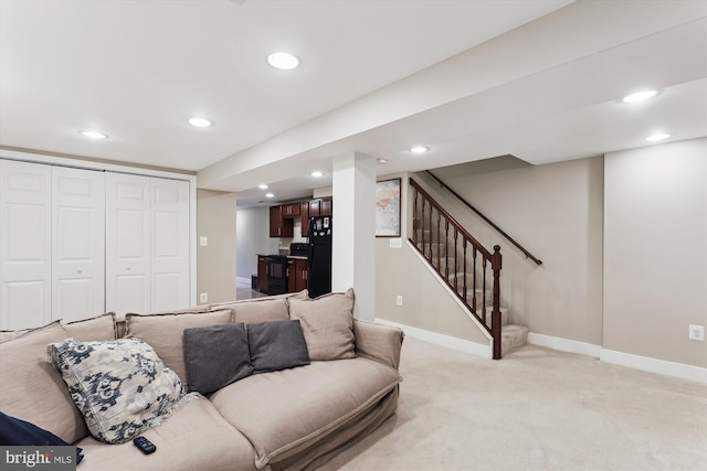 422 Hamilton St NW, Washington, DC 20011 - living area featuring light carpet, recessed lighting, stairway, and baseboards