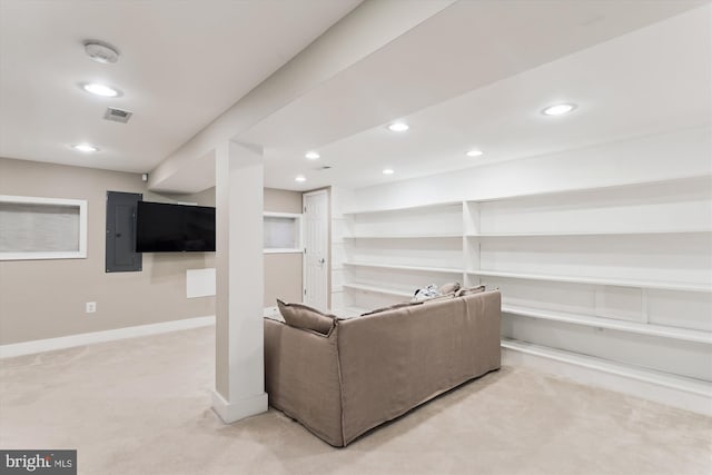 422 Hamilton St NW, Washington, DC 20011 - living area with light colored carpet, electric panel, baseboards, and recessed lighting