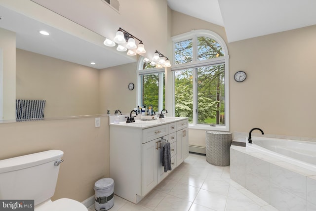173 Old Beekman Rd, Monmouth Junction, NJ 08852 - full bath featuring double vanity, healthy amount of natural light, a garden tub, tile patterned flooring, and vaulted ceiling