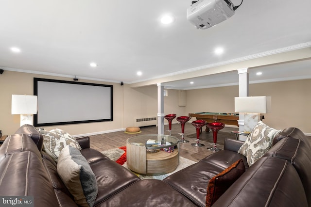 173 Old Beekman Rd, Monmouth Junction, NJ 08852 - cinema featuring radiator heating unit, wood finished floors, crown molding, billiards table, and baseboards
