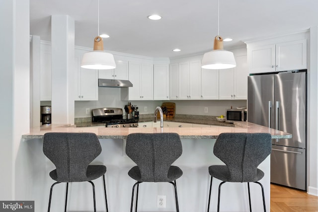 128 N Jay St, Middleburg, VA 20117 - kitchen featuring stainless steel appliances, under cabinet range hood, light stone countertops, white cabinets, and recessed lighting