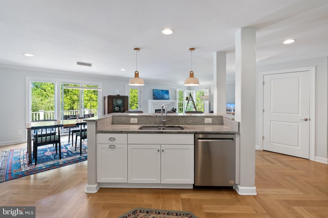 128 N Jay St, Middleburg, VA 20117 - kitchen with dishwasher, a sink, stone countertops, white cabinets, and ornamental molding