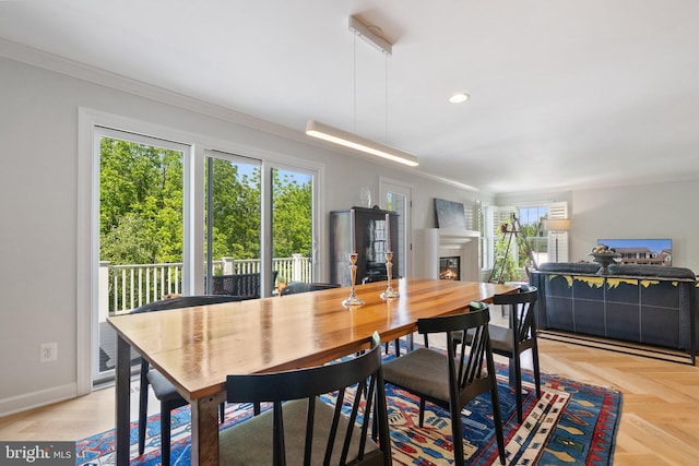 128 N Jay St, Middleburg, VA 20117 - dining space with a glass covered fireplace, plenty of natural light, ornamental molding, baseboards, and recessed lighting