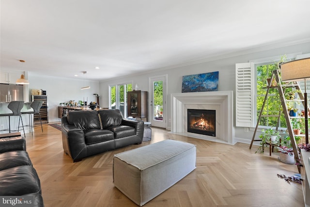 128 N Jay St, Middleburg, VA 20117 - living room featuring ornamental molding, a fireplace, baseboards, and recessed lighting