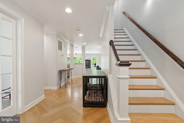 128 N Jay St, Middleburg, VA 20117 - staircase with recessed lighting, crown molding, and baseboards