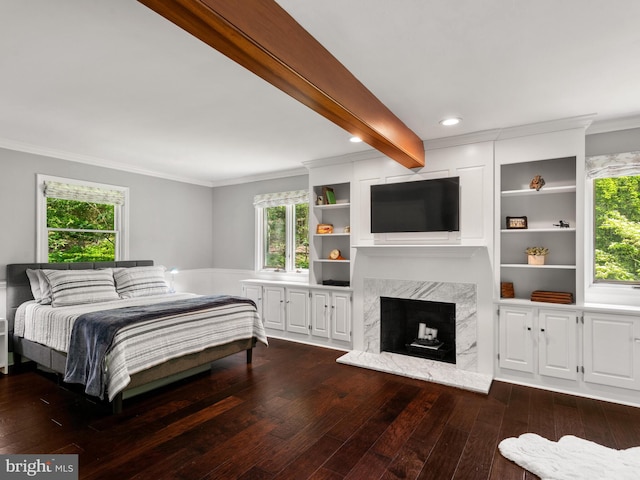 2762 Horseshoe Trl, Chester Springs, PA 19425 - bedroom featuring dark wood-style flooring, ornamental molding, a fireplace, and beam ceiling