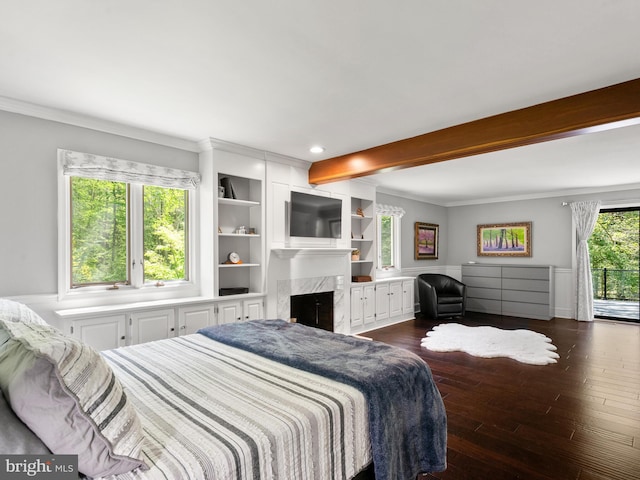 2762 Horseshoe Trl, Chester Springs, PA 19425 - bedroom featuring a premium fireplace, crown molding, dark wood-type flooring, beamed ceiling, and recessed lighting
