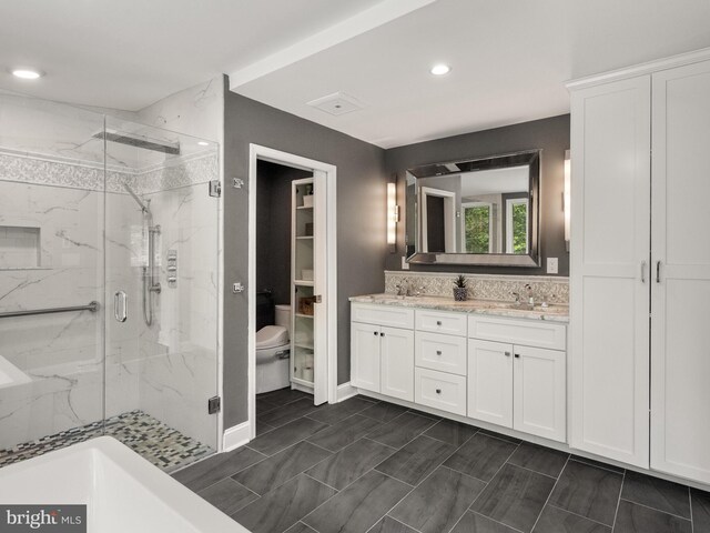 2762 Horseshoe Trl, Chester Springs, PA 19425 - full bath with a marble finish shower, double vanity, and recessed lighting