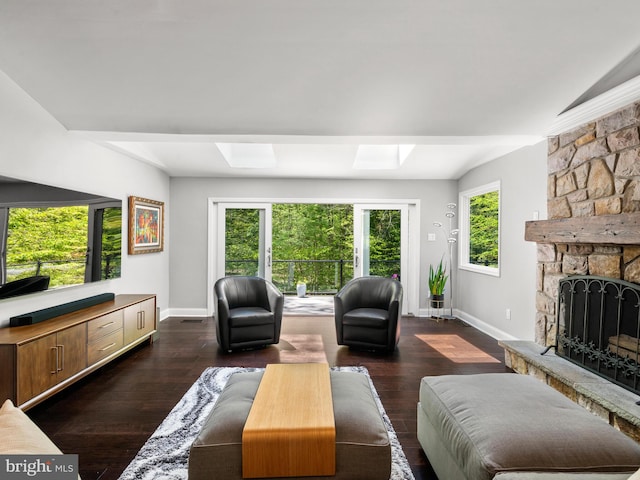 2762 Horseshoe Trl, Chester Springs, PA 19425 - living room with a skylight, a stone fireplace, and dark wood-type flooring