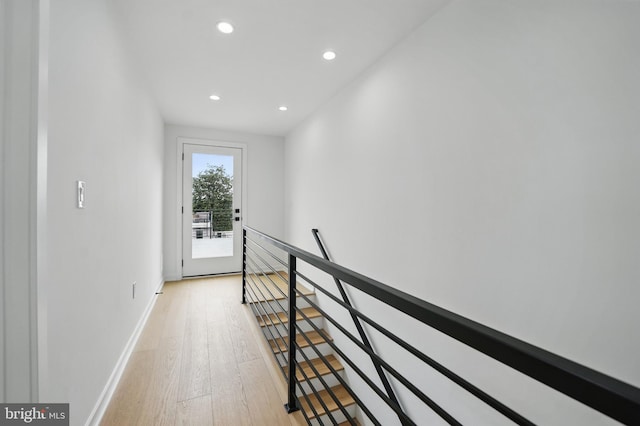 3802 T St NW, Washington, DC 20007 - hallway featuring an upstairs landing, recessed lighting, light wood-style floors, and baseboards