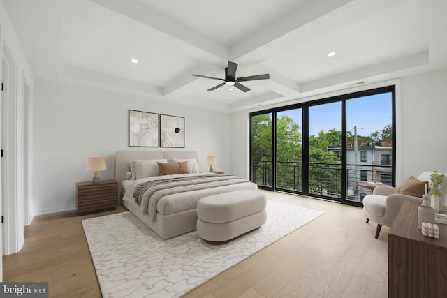 3802 T St NW, Washington, DC 20007 - bedroom with access to outside, coffered ceiling, light wood finished floors, recessed lighting, and beamed ceiling