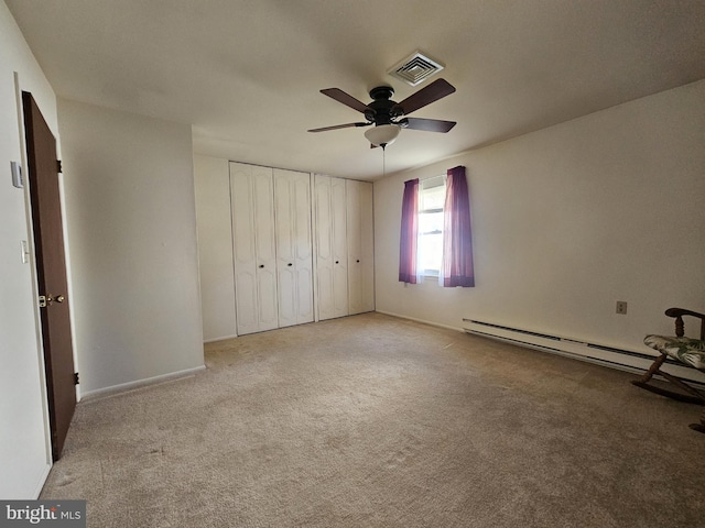 26 Kingston Way, Southampton, NJ 08088 - unfurnished bedroom featuring carpet flooring, a baseboard radiator, ceiling fan, baseboards, and a closet