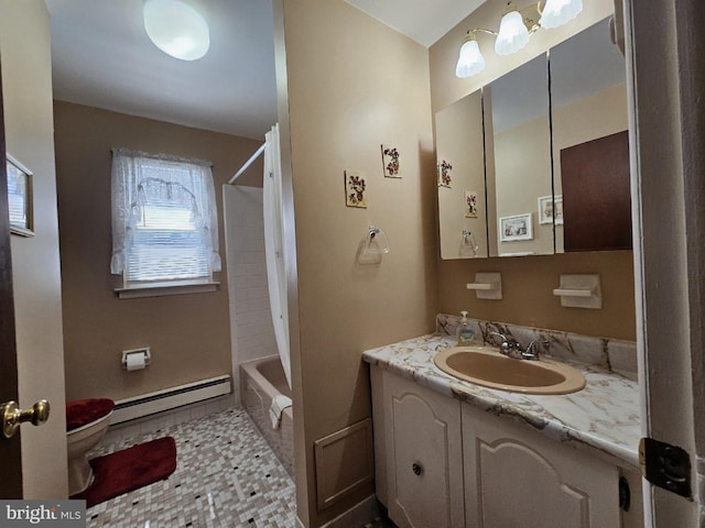26 Kingston Way, Southampton, NJ 08088 - bathroom featuring baseboard heating, toilet, vanity, and shower / bathtub combination
