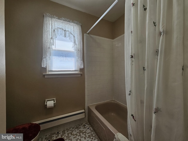 26 Kingston Way, Southampton, NJ 08088 - bathroom featuring a baseboard radiator, shower / bath combo, and tile patterned flooring