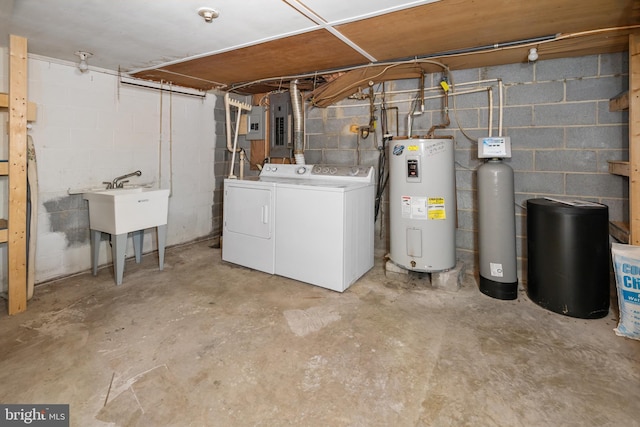 52 Golden Maple Ln, Maurertown, VA 22644 - unfinished basement featuring water heater, washing machine and dryer, a water softener system, electric panel, and a sink