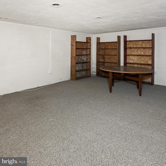 52 Golden Maple Ln, Maurertown, VA 22644 - basement with concrete block wall, a textured ceiling, crown molding, and carpet