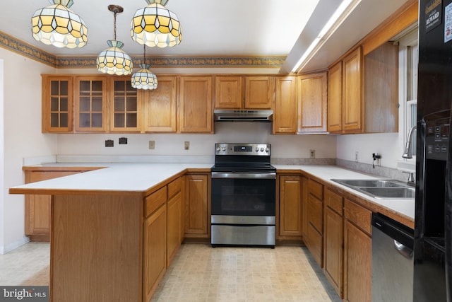52 Golden Maple Ln, Maurertown, VA 22644 - kitchen featuring stainless steel appliances, under cabinet range hood, a peninsula, and light countertops