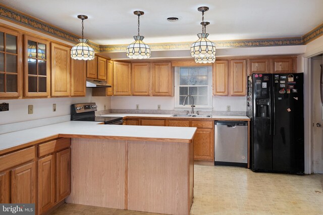 52 Golden Maple Ln, Maurertown, VA 22644 - kitchen with appliances with stainless steel finishes, under cabinet range hood, a sink, a peninsula, and light countertops