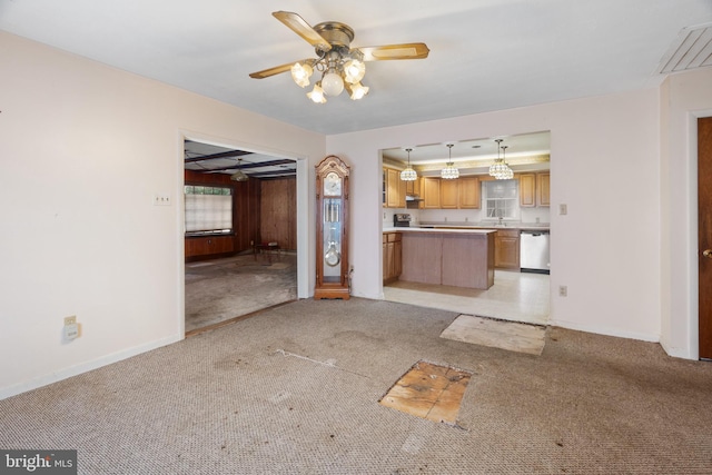52 Golden Maple Ln, Maurertown, VA 22644 - unfurnished living room with a ceiling fan, light carpet, baseboards, and a sink