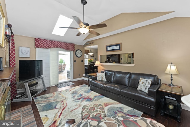 201 Forge Rd, Collegeville, PA 19426 - living room featuring lofted ceiling, a skylight, ceiling fan, and wood finished floors