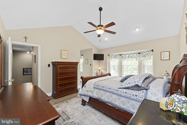 201 Forge Rd, Collegeville, PA 19426 - bedroom with a ceiling fan, light wood finished floors, high vaulted ceiling, and recessed lighting