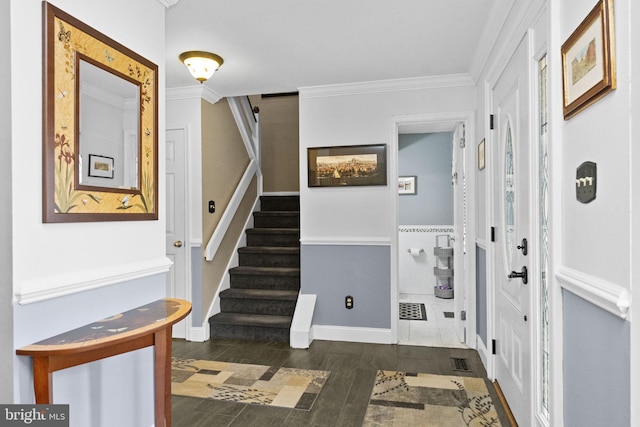 201 Forge Rd, Collegeville, PA 19426 - foyer featuring stairs, ornamental molding, and dark tile patterned flooring