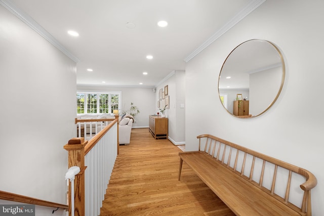 4301 Ivanhoe Pl, Alexandria, VA 22304 - hallway featuring crown molding, recessed lighting, light wood-type flooring, an upstairs landing, and baseboards