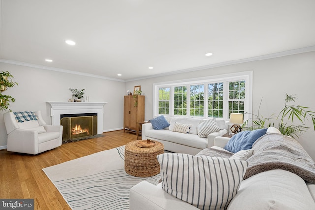 4301 Ivanhoe Pl, Alexandria, VA 22304 - living room with ornamental molding, a fireplace with flush hearth, wood finished floors, recessed lighting, and baseboards
