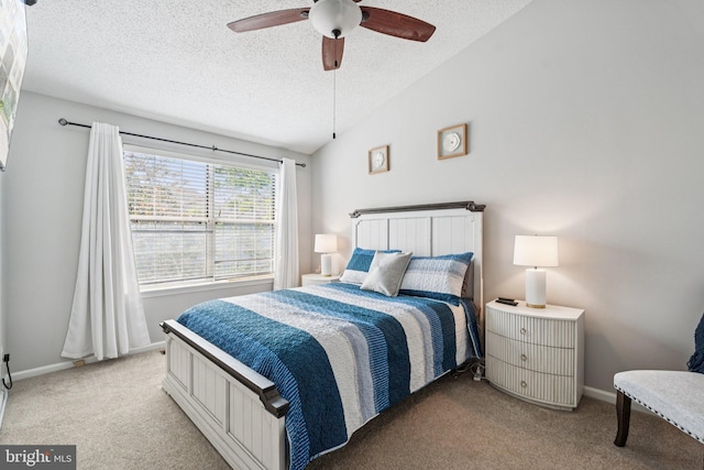11193 Rienzi Pl Unit 203, Manassas, VA 20109 - bedroom with light colored carpet, a textured ceiling, lofted ceiling, baseboards, and a ceiling fan