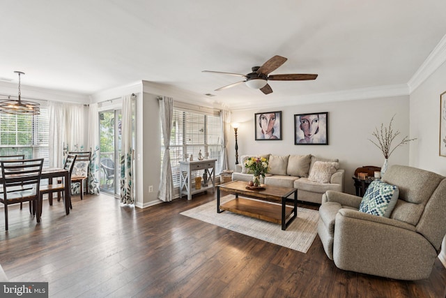 11193 Rienzi Pl Unit 203, Manassas, VA 20109 - living room featuring ornamental molding, ceiling fan, dark wood finished floors, and baseboards
