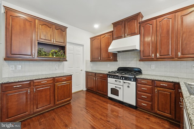 19885 Naples Lakes Ter, Ashburn, VA 20147 - kitchen featuring under cabinet range hood, range with two ovens, dark wood-type flooring, light stone countertops, and recessed lighting