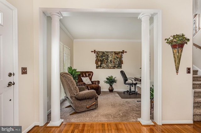 4784 Wermuth Way, Woodbridge, VA 22192 - sitting room with ornate columns, ornamental molding, stairway, wood finished floors, and baseboards