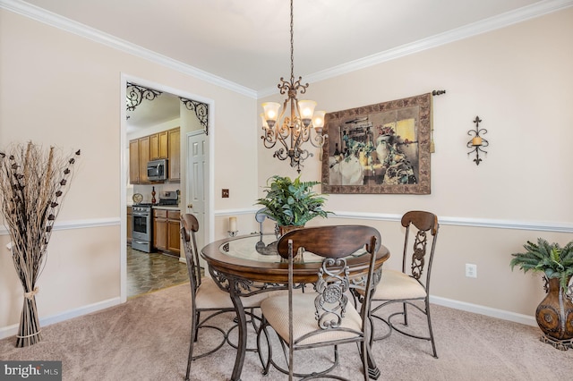 4784 Wermuth Way, Woodbridge, VA 22192 - dining room with crown molding, light colored carpet, a chandelier, and baseboards