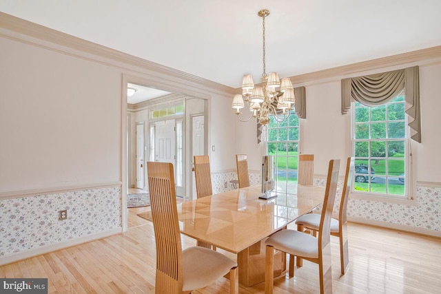 927 Brick Manor Cir, Silver Spring, MD 20905 - dining room featuring wallpapered walls, a chandelier, light wood-style flooring, baseboards, and wainscoting