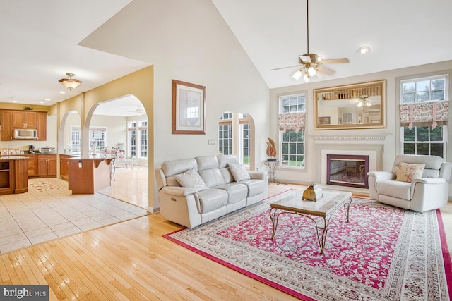 927 Brick Manor Cir, Silver Spring, MD 20905 - living area featuring arched walkways, a ceiling fan, light wood finished floors, a glass covered fireplace, and plenty of natural light
