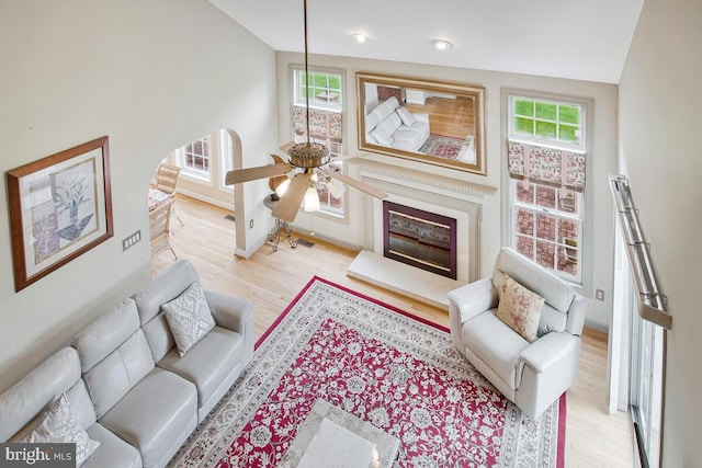 927 Brick Manor Cir, Silver Spring, MD 20905 - living room featuring ceiling fan, wood finished floors, baseboards, lofted ceiling, and recessed lighting