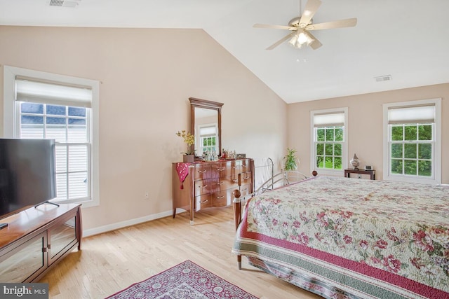 927 Brick Manor Cir, Silver Spring, MD 20905 - bedroom featuring wood finished floors, high vaulted ceiling, baseboards, and a ceiling fan