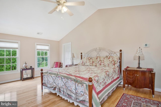 927 Brick Manor Cir, Silver Spring, MD 20905 - bedroom with wood finished floors, baseboards, high vaulted ceiling, and ceiling fan