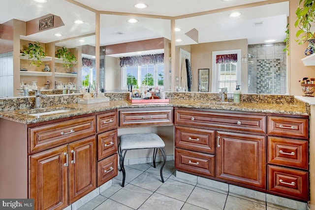 927 Brick Manor Cir, Silver Spring, MD 20905 - full bathroom with double vanity, a shower stall, plenty of natural light, tile patterned floors, and recessed lighting