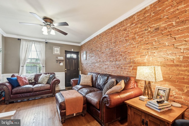 2326 E Boston St, Philadelphia, PA 19125 - living room with a ceiling fan, hardwood / wood-style flooring, a wainscoted wall, and ornamental molding