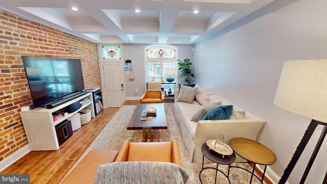 2714 Fait Ave, Baltimore, MD 21224 - living area featuring light wood-type flooring, baseboards, beamed ceiling, brick wall, and coffered ceiling