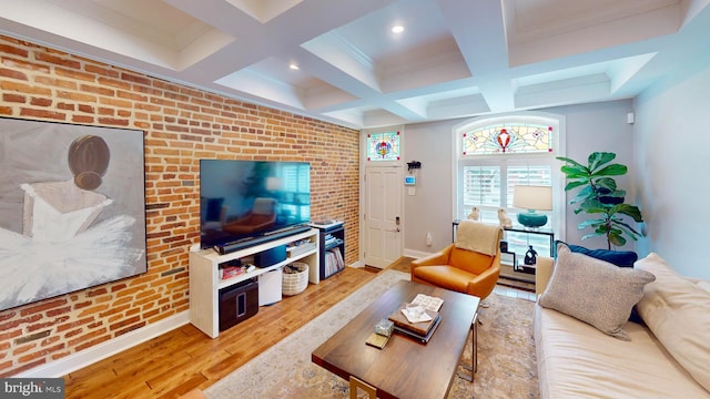 2714 Fait Ave, Baltimore, MD 21224 - living room featuring wood finished floors, brick wall, beamed ceiling, coffered ceiling, and baseboards