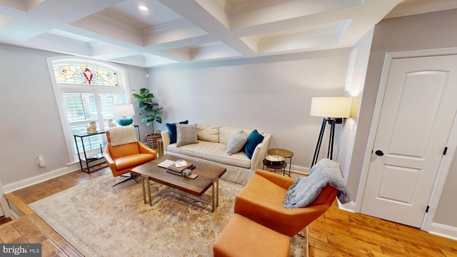 2714 Fait Ave, Baltimore, MD 21224 - living area with light wood-style floors, beam ceiling, ornamental molding, baseboards, and coffered ceiling
