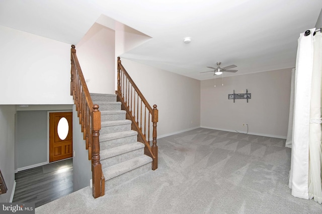 13 Briarcliff Rd, Marlton, NJ 08053 - stairway with a ceiling fan, carpet floors, and baseboards