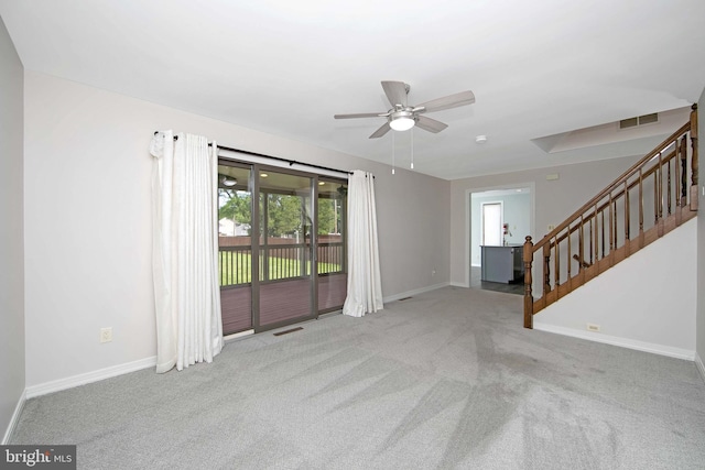13 Briarcliff Rd, Marlton, NJ 08053 - unfurnished living room featuring carpet, stairway, ceiling fan, and baseboards