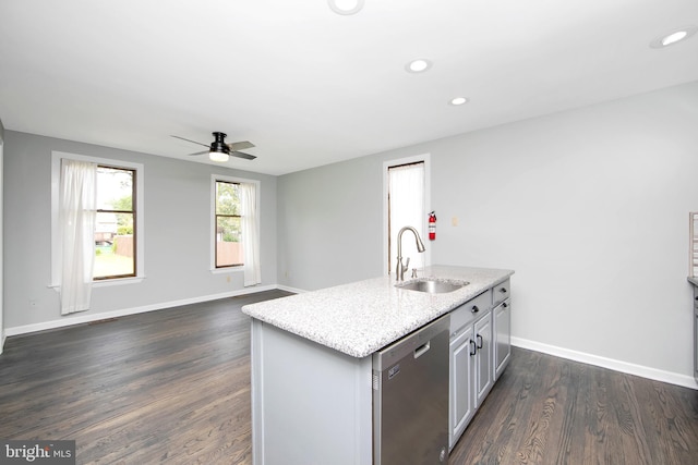 13 Briarcliff Rd, Marlton, NJ 08053 - kitchen featuring stainless steel dishwasher, a sink, a ceiling fan, dark wood finished floors, and baseboards
